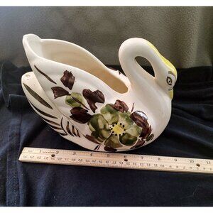 Vintage Hand-Painted Ceramic Swan Planter With Floral Design